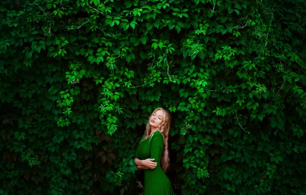 Greens, girl, blonde, photographer, Elena, green dress, wild grapes, Lena