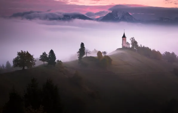 Picture mountains, fog, morning, Church