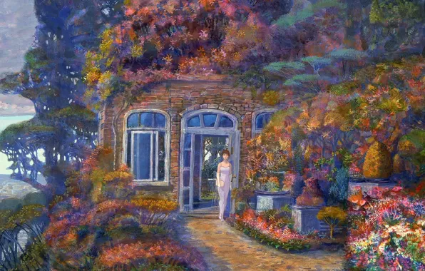 Girl, trees, flowers, house, Windows, door, Naohisa Inoue
