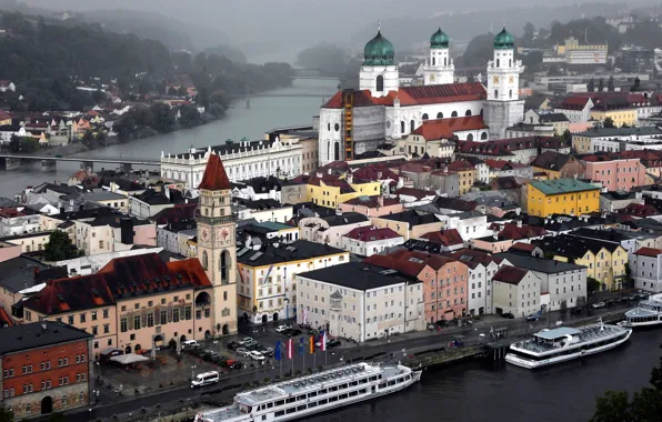 The sky, river, ship, tower, home, Germany, Passau