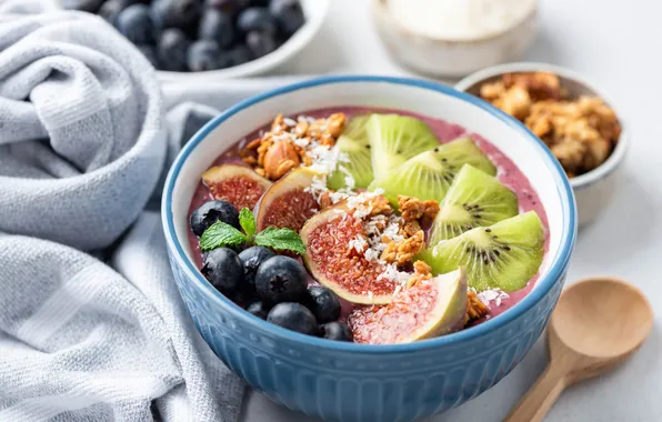 Berries, kiwi, blueberries, bowl, fruit, bowl, figs