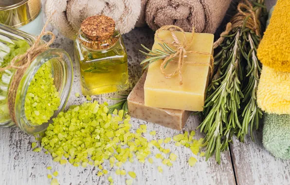 Towel, soap, relax, jars, wood, spa, bath salt, olive oil