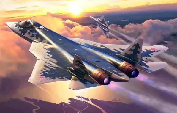 Picture Dawn, Pair, flight, Russia, Videoconferencing Russia, the fifth generation fighter, Su-57