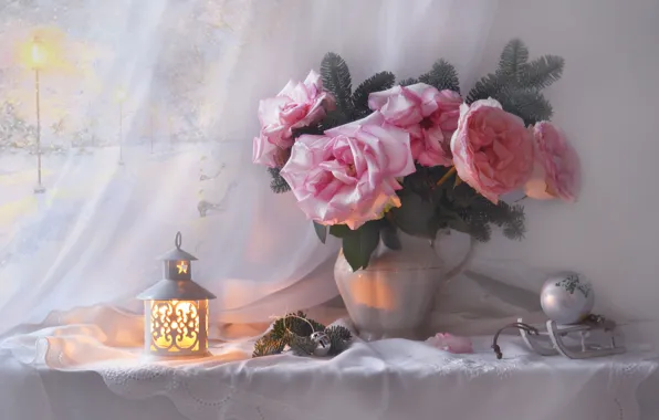 Picture flowers, branches, ball, roses, lantern, pitcher, still life, needles