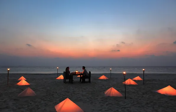 Picture beach, the ocean, romance, the evening, candles, pair, torch, two