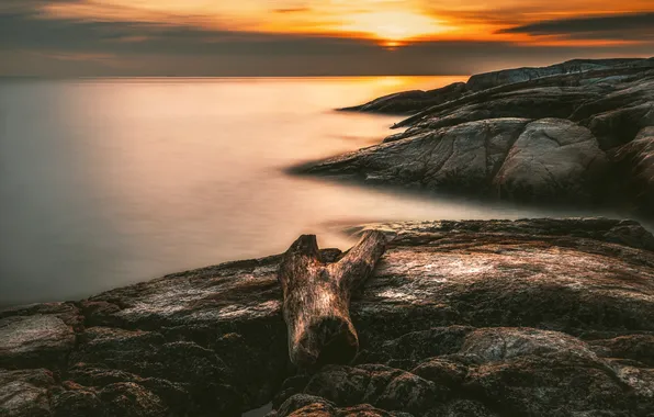 The sun, clouds, sunset, stones, rocks, shore, dal, log