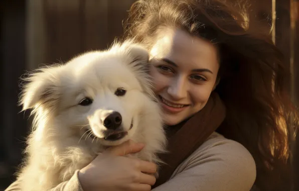 Look, girl, light, smile, the dark background, hand, portrait, dog