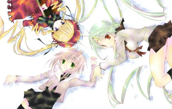 White background, form, rozen maiden, three, art, shinku, Kapor, peach-pin
