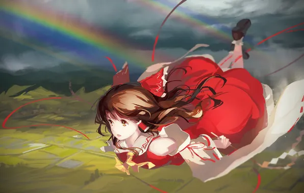 The sky, girl, clouds, flight, rainbow, anime, art, touhou