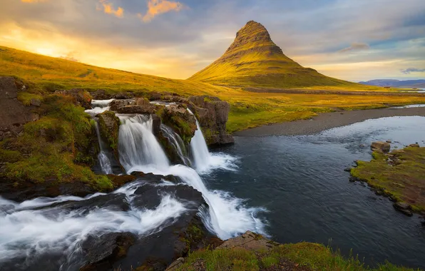 The sky, clouds, light, mountains, rocks, shore, waterfall, stream