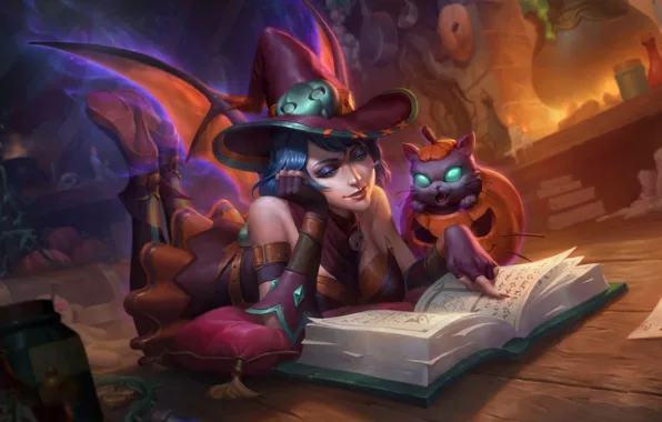 Cat, girl, book, witch, halloween