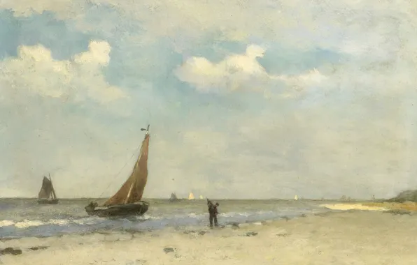 Picture beach, trees, landscape, boat, oil, picture, sail, Johan Hendrik Weissenbruch
