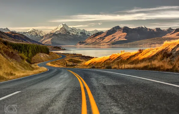 Picture road, mountains, New Zealand, South island, Southern Alps