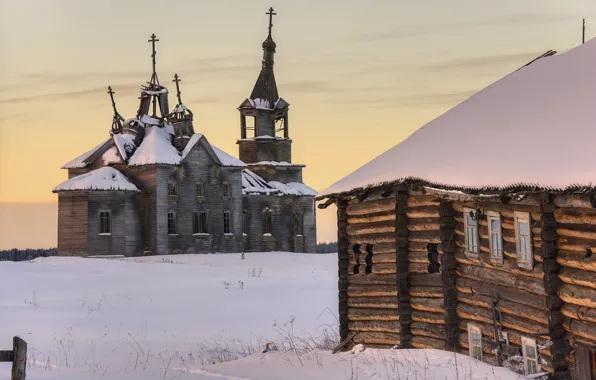 Picture snow, morning, village, Church, Arkhangelsk oblast, Pinezhsky district