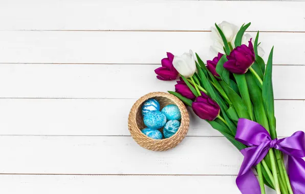 Flowers, eggs, spring, Easter, tulips, happy, yellow, wood