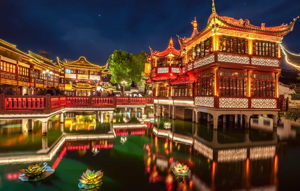 Picture flowers, pond, Park, reflection, China, the building, the evening, garden