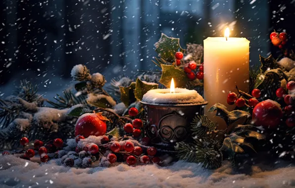 Picture winter, snow, decoration, night, berries, candles, New Year, Christmas