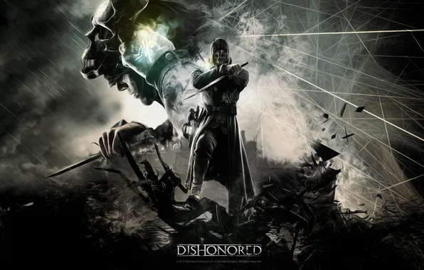 The city, abstraction, mask, dagger, killer, video game, dishonored
