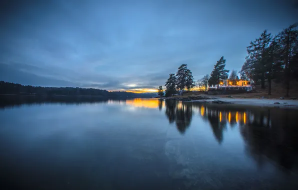 Night, nature, lights, home, Norway, Bay