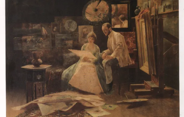 The Studio Oil Painting, Hungarian painting, Bertalan Karlovszky