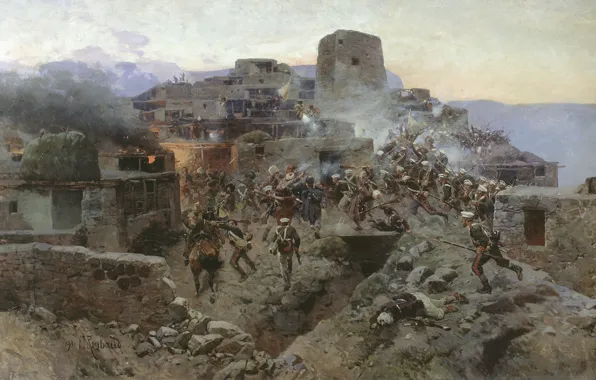 Picture oil, Canvas, 1891, The storming of aul Gimry, Franz ROUBAUD