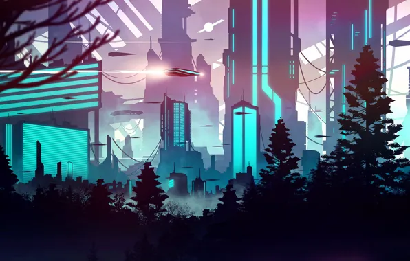 Forest, trees, the city, building, Future
