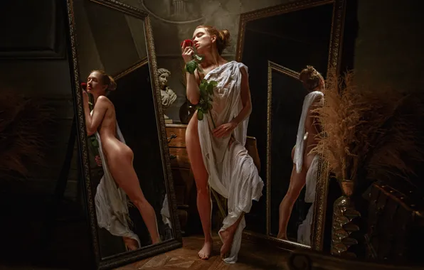 Flower, girl, rose, slim, Nude, mirror, George Chernyadev, Georgy Chernyadyev
