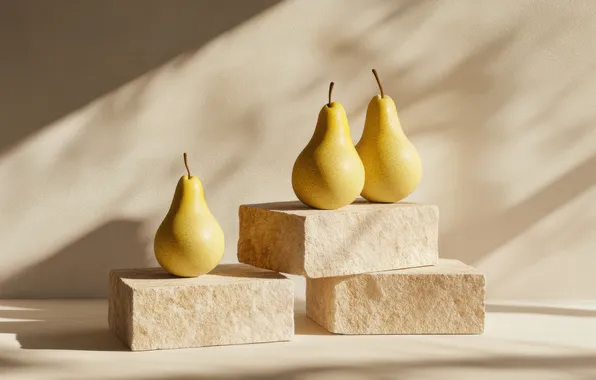 Light, wall, yellow, shadows, fruit, still life, trio, pear
