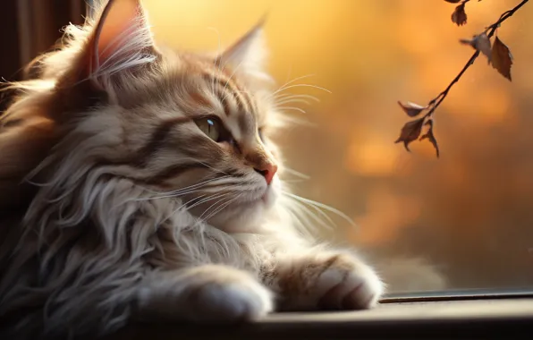 Autumn, cat, cat, look, glass, leaves, pose, portrait