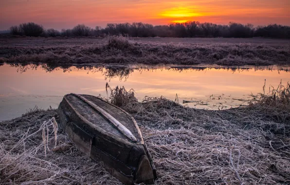 Sunset, river, boat