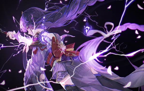 Girl, zipper, sword, petals, fantasy, Genshin Impact, Raiden Shogun