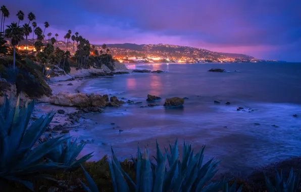 Picture lights, USA, ocean, night, Laguna Beach