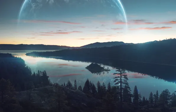 The sky, Nature, Lake, Forest, Planet, Landscape, Nature, Sky