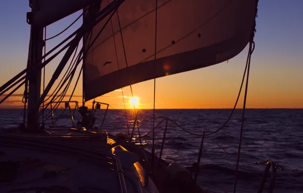 Sea, the sun, sunset, the evening, yacht, sail, reflections, sea romance