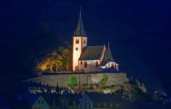Picture night, home, Germany, lighting, Church, hill, Brodenbach