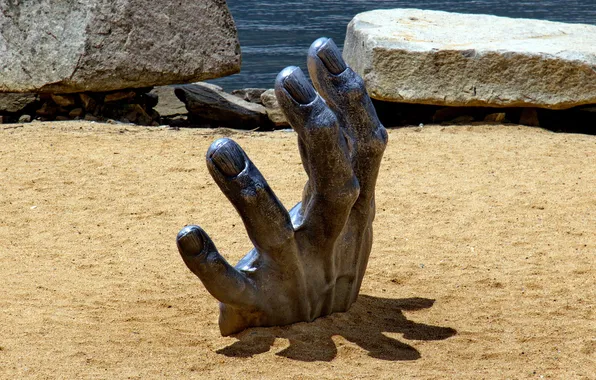 Picture rocks, sand, stones, hand, sculpture, artistic metal