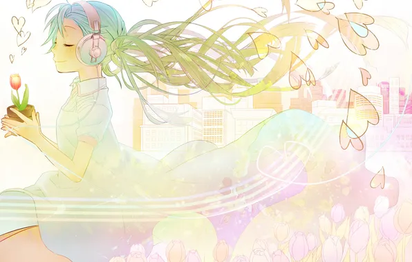 Picture girl, headphones, hearts, tulips, vocaloid, hatsune miku