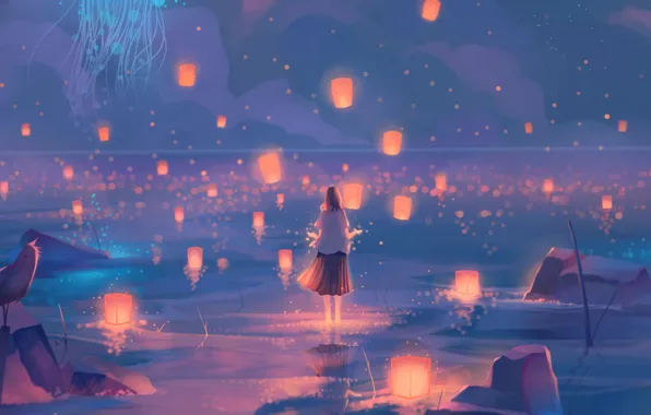 Water, girl, birds, jellyfish, lanterns