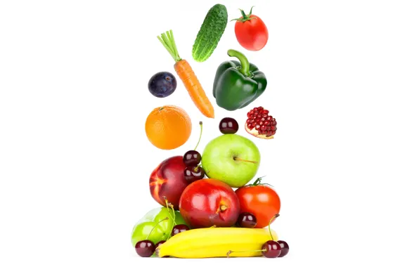 Cherry, apples, orange, cucumber, white background, pepper, fruit, banana