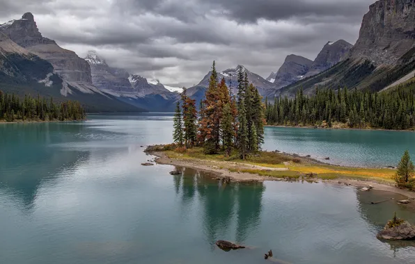 Autumn, forest, clouds, mountains, lake, reflection, overcast, shore