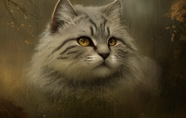 Autumn, cat, cat, look, branches, nature, rain, portrait