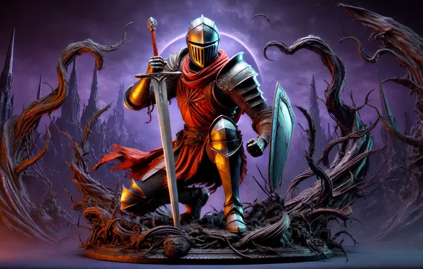 Sword, shield, Dark Souls, RPG, knight, pearls, kneeling, video games
