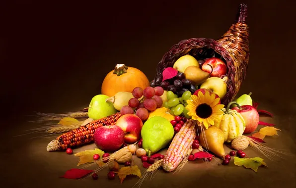 Leaves, basket, apples, corn, berry, grapes, pumpkin, fruit