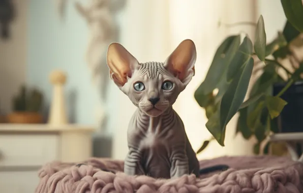 Cat, look, leaves, pose, kitty, grey, room, plants