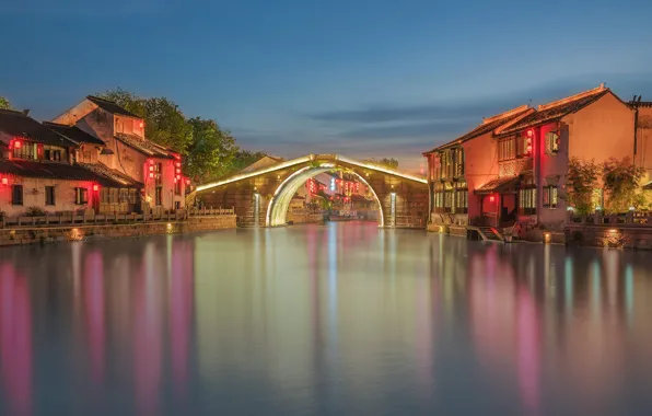 Bridge, lights, home, China, Wuxi, Qingming Bridge