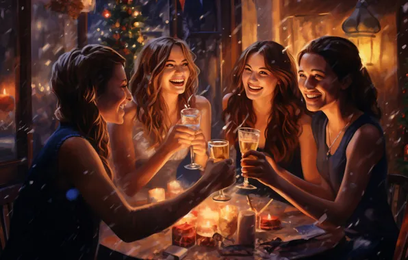 Girls, Glasses, Smile, Christmas, New year, Joy, Digital art, Champagne