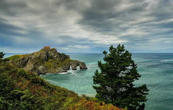 Sea, rock, house, tree