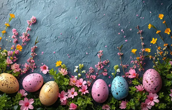 Flowers, eggs, spring, colorful, Easter, flowers, spring, Easter