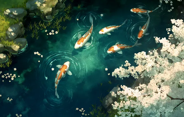 Picture Pond, Cherry Blossom, Fish, Zen Koi