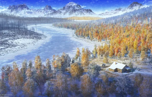 Winter, forest, the sky, mountains, nature, house, river, ArseniXC
